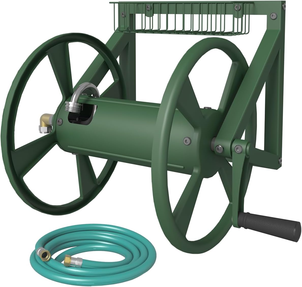 Triangle Wall Mounted Garden Hose Reel, Outdoor Heavy-Duty Water Hoses Holder Winder, Holds 125 Ft of 5/8-Inch Hose, with 3.9 ft Leader Hose, Brass Fitting, Storage Basket for Yard, Black