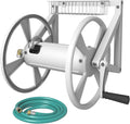 Triangle Wall Mounted Garden Hose Reel, Outdoor Heavy-Duty Water Hoses Holder Winder, Holds 125 Ft of 5/8-Inch Hose, with 3.9 ft Leader Hose, Brass Fitting, Storage Basket for Yard, Black