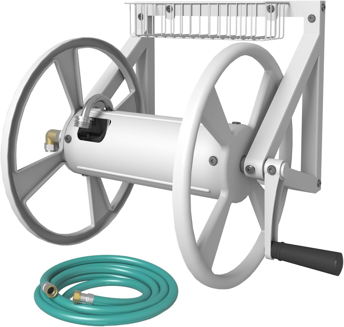 Triangle Wall Mounted Garden Hose Reel, Outdoor Heavy-Duty Water Hoses Holder Winder, Holds 125 Ft of 5/8-Inch Hose, with 3.9 ft Leader Hose, Brass Fitting, Storage Basket for Yard, Black