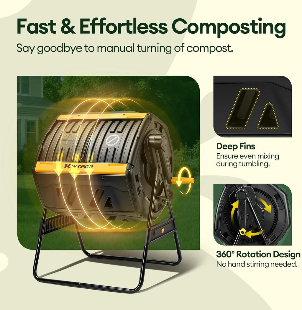 Outdoor Compost Bin 53 Gallon, Dual Chamber Large Compost Tumbler for Garden Backyard, with 360° Rotating, Sliding Doors & Solid Steel Frame, Updated Instructions