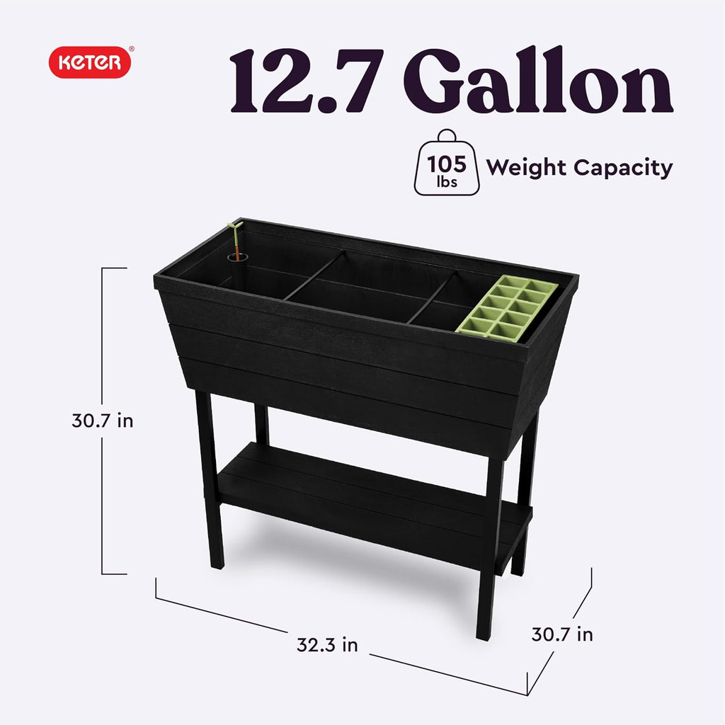 Keter Urban Bloomer 12.7 Gallon Raised Garden Bed and Outdoor Herb Garden Planter with Self Watering Gauge and Drainage Plug, Dark Grey
