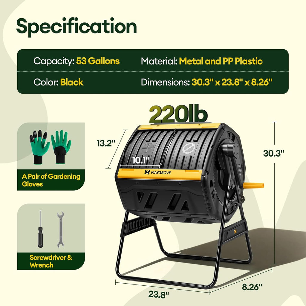 Outdoor Compost Bin 53 Gallon, Dual Chamber Large Compost Tumbler for Garden Backyard, with 360° Rotating, Sliding Doors & Solid Steel Frame, Updated Instructions