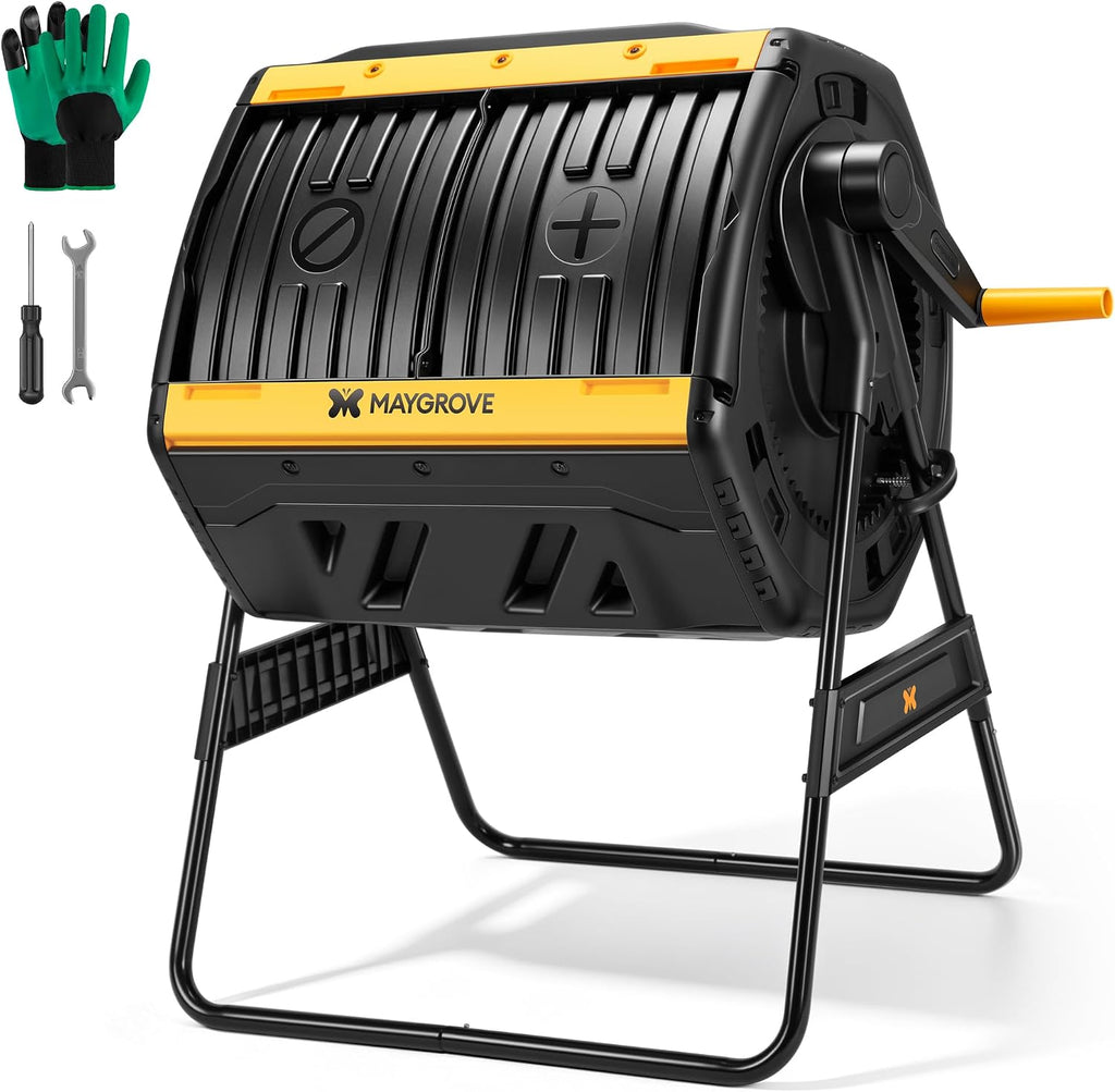 Outdoor Compost Bin 53 Gallon, Dual Chamber Large Compost Tumbler for Garden Backyard, with 360° Rotating, Sliding Doors & Solid Steel Frame, Updated Instructions