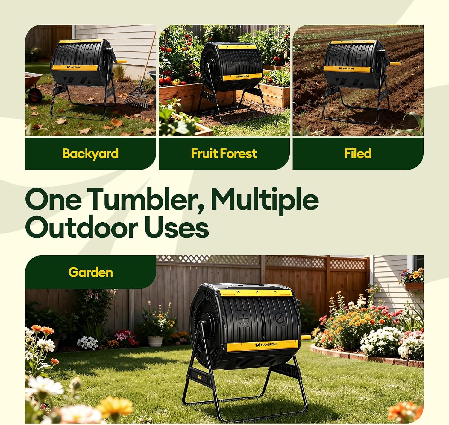 Outdoor Compost Bin 53 Gallon, Dual Chamber Large Compost Tumbler for Garden Backyard, with 360° Rotating, Sliding Doors & Solid Steel Frame, Updated Instructions