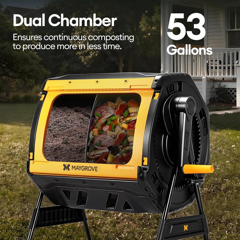 Outdoor Compost Bin 53 Gallon, Dual Chamber Large Compost Tumbler for Garden Backyard, with 360° Rotating, Sliding Doors & Solid Steel Frame, Updated Instructions