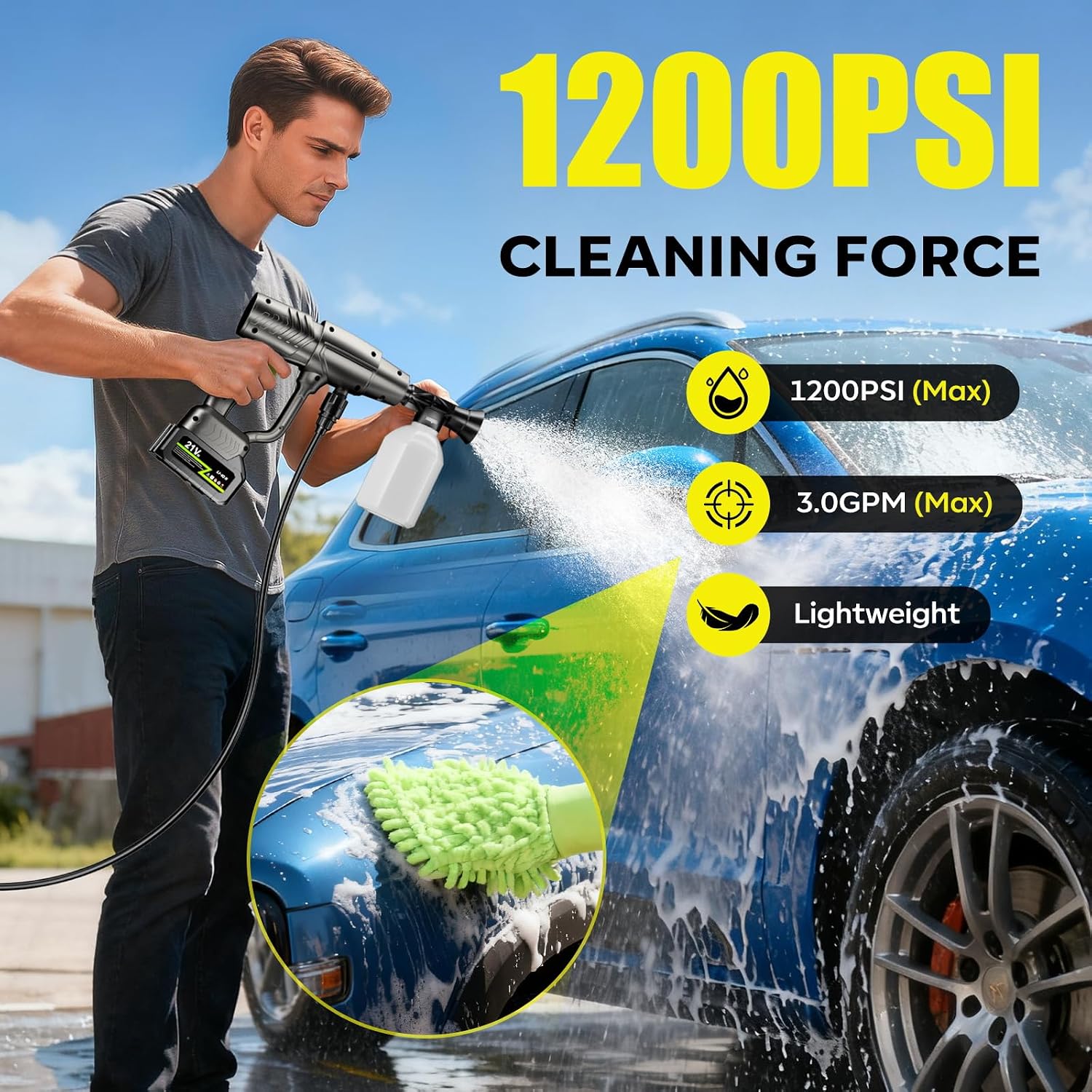 YKYI Cordless Pressure Washer - Battery Powered with 30 Speed Levels, Handheld Portable Sprayer with 6-in-1 Nozzle, 24FT High-Elastic Hose for Car, Garden, Patio Cleaning (Gray)